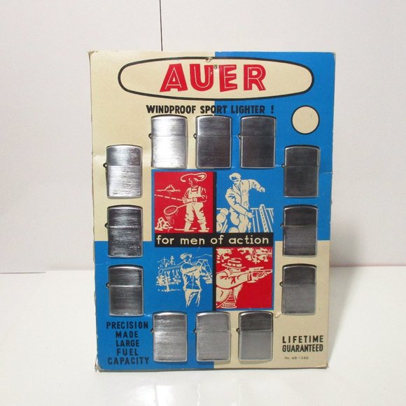 Vtg 1960's-70's AUER Lighter Store Display w/12 UNUSED Windproof Sport Lighters - Picture 1 of 16